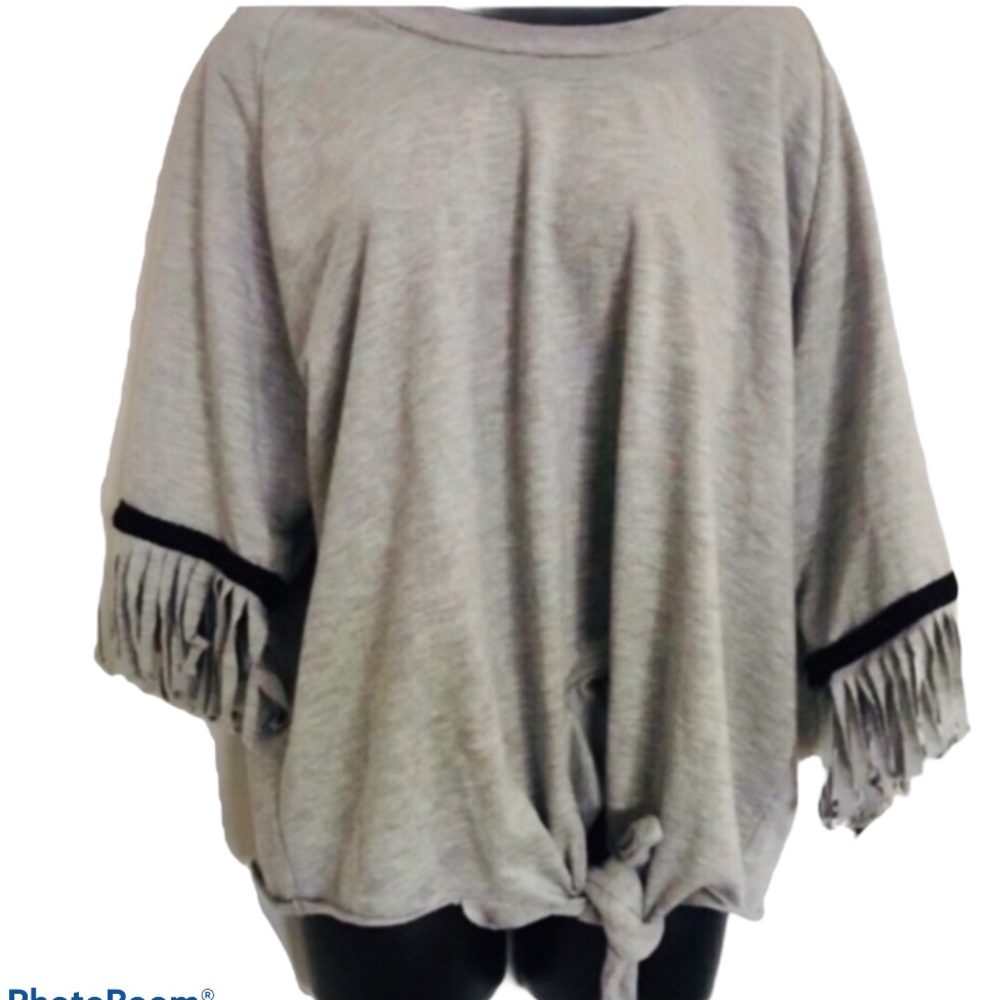 Fringed Embellished 3/4 Sleeve Sweater Tie Front